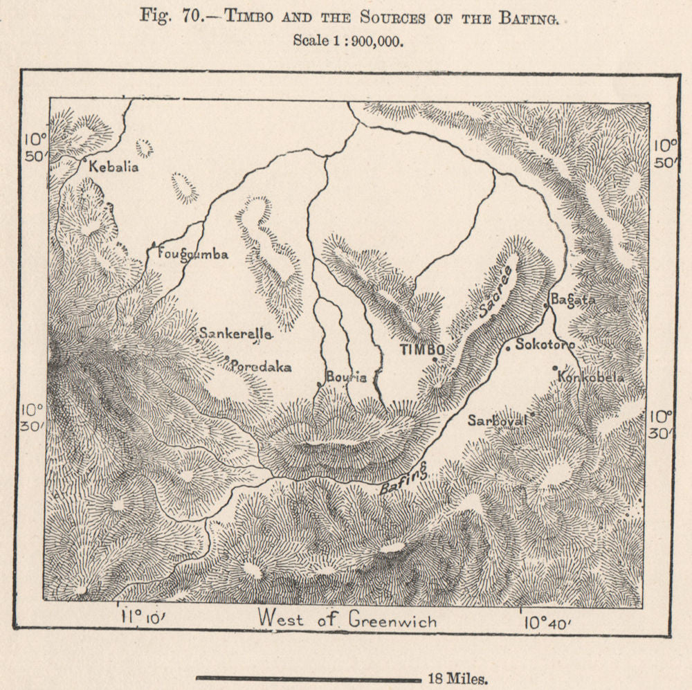 Timbo and the sources of the Bafing. Guinea 1885 old antique map plan chart